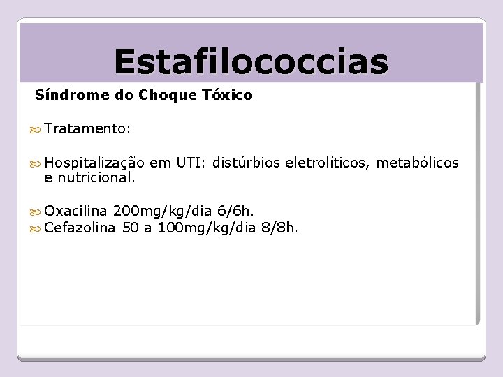 Estafilococcias Síndrome do Choque Tóxico Tratamento: Hospitalização e nutricional. em UTI: distúrbios eletrolíticos, metabólicos