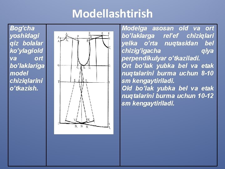 Modellashtirish Bog’cha yoshidagi qiz bolalar ko’ylagi old va ort bo’laklariga model chiziqlarini o’tkazish. Modelga