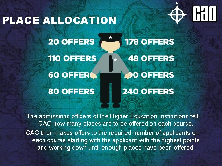 PLACE ALLOCATION The admissions officers of the Higher Education Institutions tell CAO how many