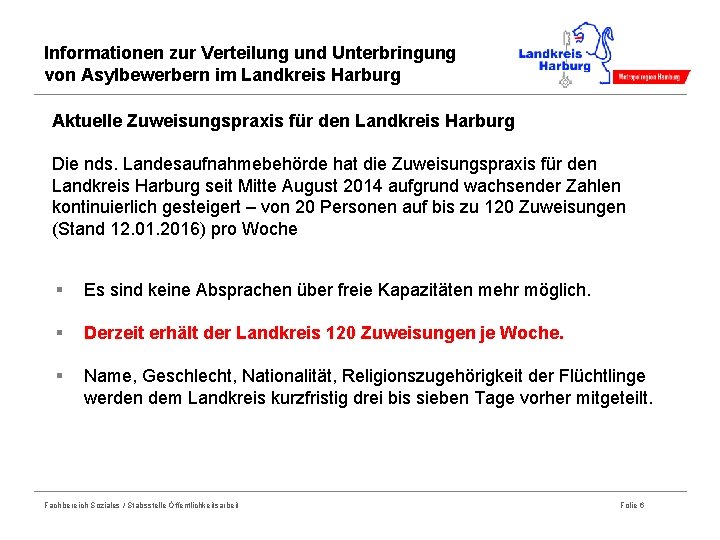 Informationen zur Verteilung und Unterbringung von Asylbewerbern im Landkreis Harburg Aktuelle Zuweisungspraxis für den