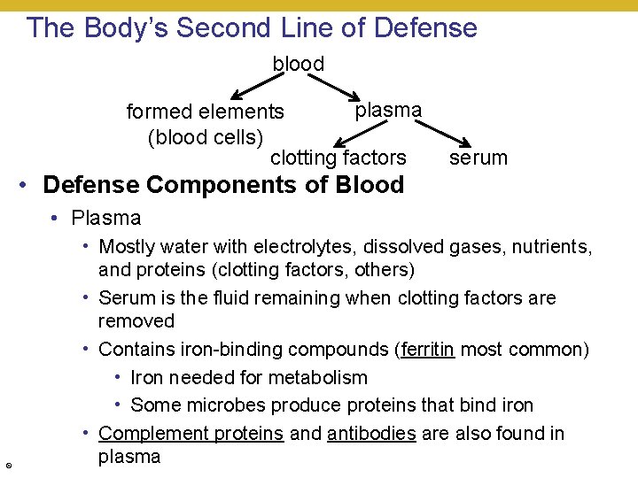 The Body’s Second Line of Defense blood plasma formed elements (blood cells) clotting factors