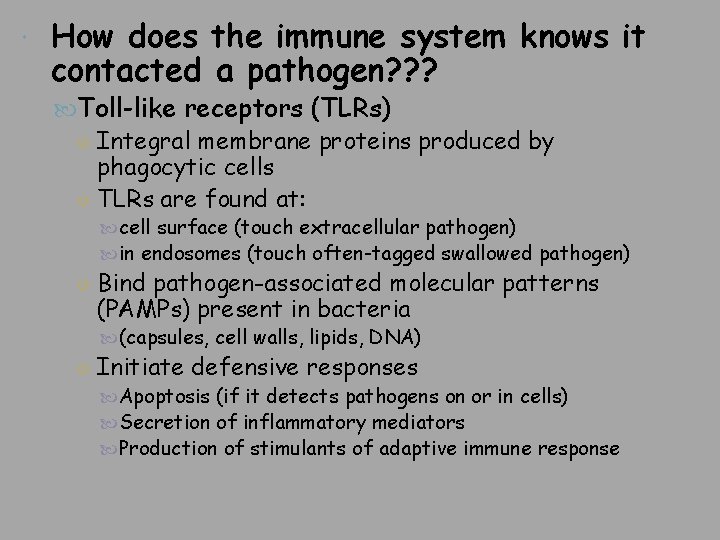  How does the immune system knows it contacted a pathogen? ? ? Toll-like