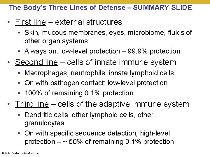 The Body’s Three Lines of Defense – SUMMARY SLIDE • First line – external
