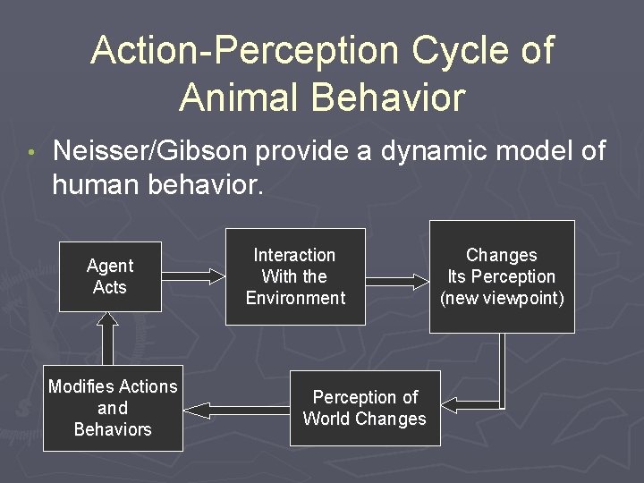 Action-Perception Cycle of Animal Behavior • Neisser/Gibson provide a dynamic model of human behavior.