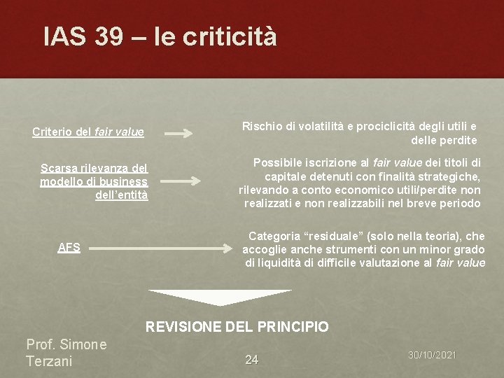 IAS 39 – le criticità Rischio di volatilità e prociclicità degli utili e delle