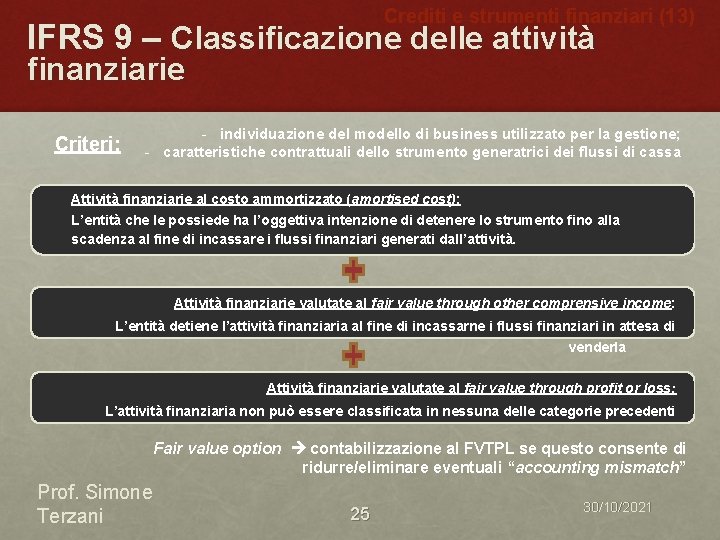 Crediti e strumenti finanziari (13) IFRS 9 – Classificazione delle attività finanziarie Criteri: -