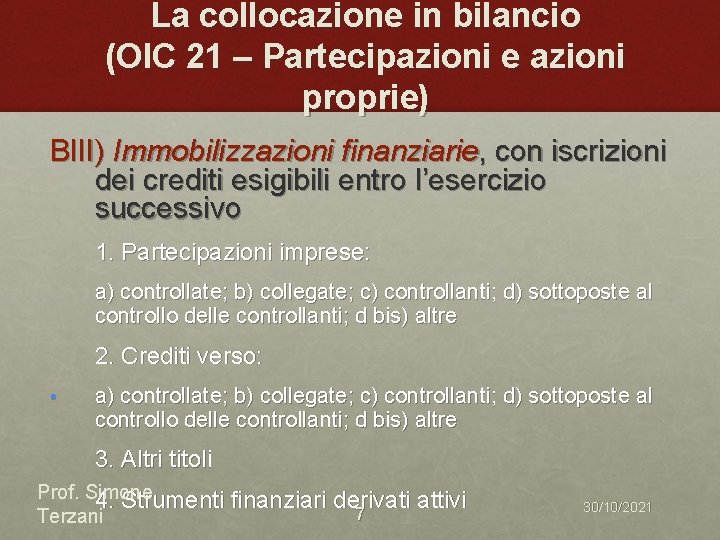 La collocazione in bilancio (OIC 21 – Partecipazioni e azioni proprie) BIII) Immobilizzazioni finanziarie,