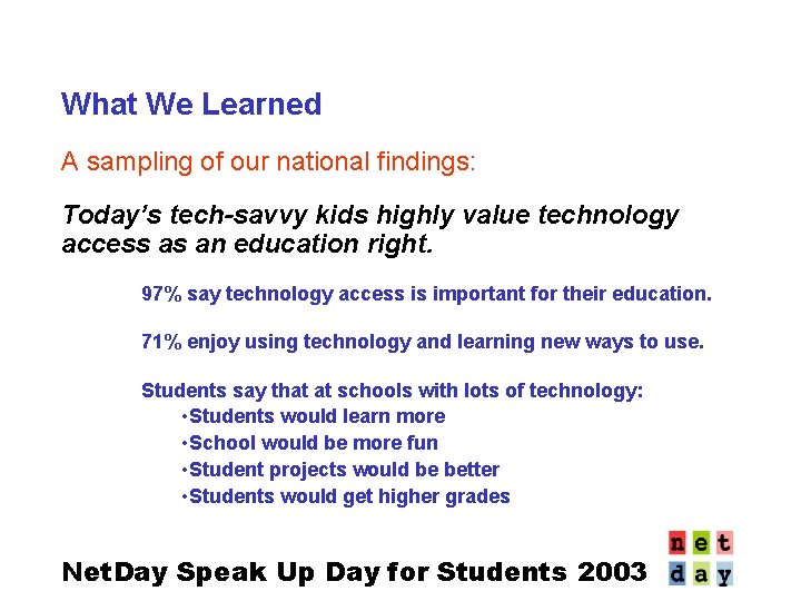 What We Learned A sampling of our national findings: Today’s tech-savvy kids highly value