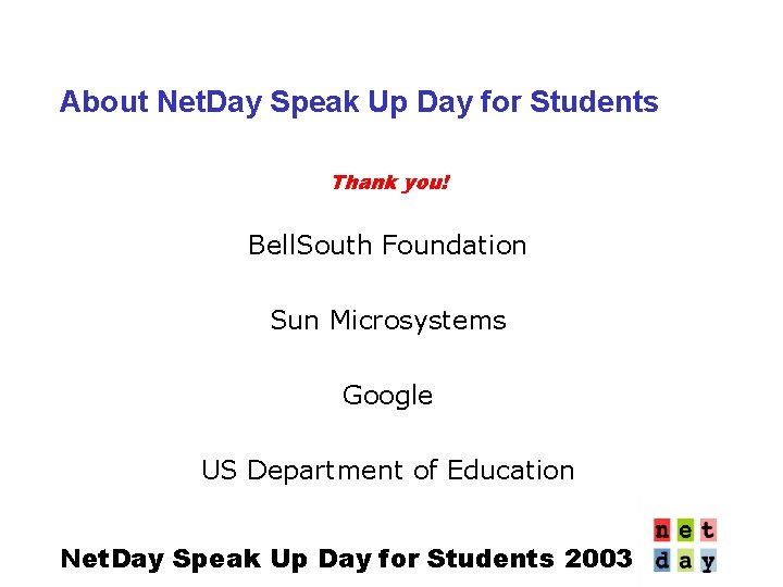 About Net. Day Speak Up Day for Students Thank you! Bell. South Foundation Sun