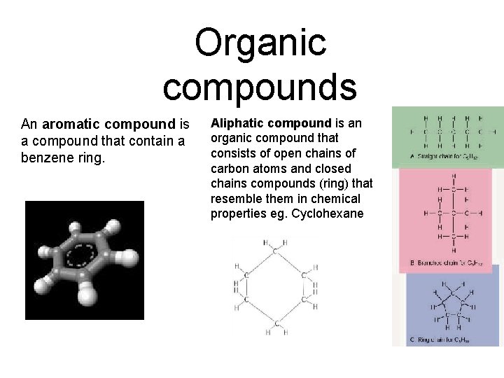 Organic compounds An aromatic compound is a compound that contain a benzene ring. Aliphatic Organic compounds An aromatic compound is a compound that contain a benzene ring. Aliphatic
