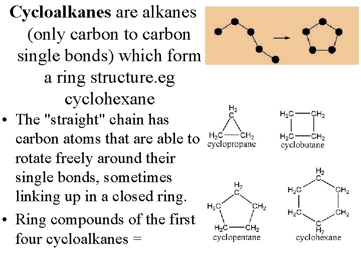 Cycloalkanes are alkanes (only carbon to carbon single bonds) which form a ring structure. Cycloalkanes are alkanes (only carbon to carbon single bonds) which form a ring structure.