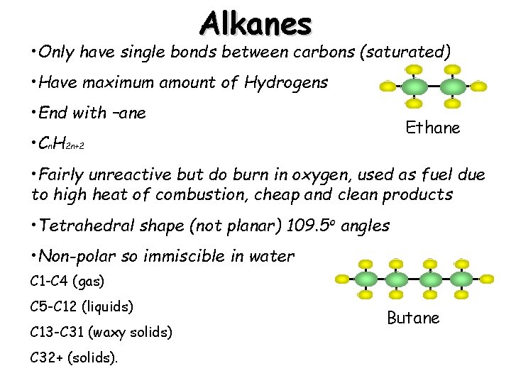 Alkanes • Only have single bonds between carbons (saturated) • Have maximum amount of Alkanes • Only have single bonds between carbons (saturated) • Have maximum amount of