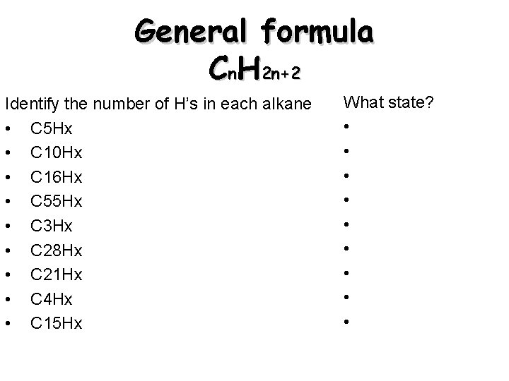 General formula Cn. H 2 n+2 Identify the number of H’s in each alkane General formula Cn. H 2 n+2 Identify the number of H’s in each alkane