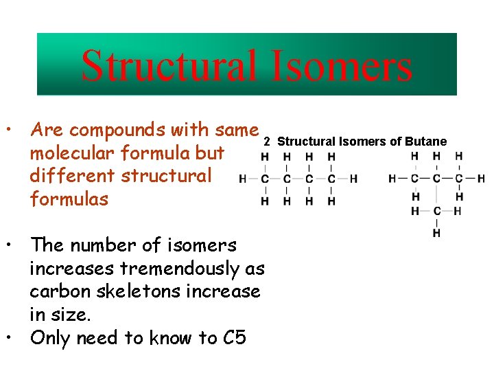 Structural Isomers • Are compounds with same 2 molecular formula but different structural formulas Structural Isomers • Are compounds with same 2 molecular formula but different structural formulas