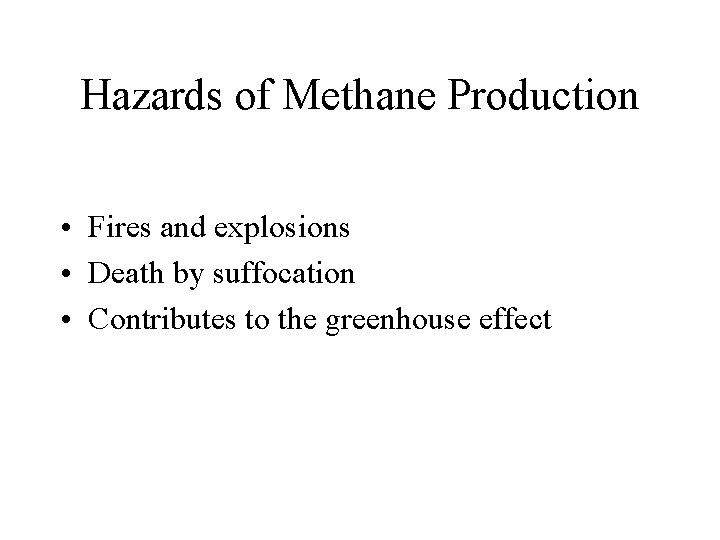 Hazards of Methane Production • Fires and explosions • Death by suffocation • Contributes Hazards of Methane Production • Fires and explosions • Death by suffocation • Contributes