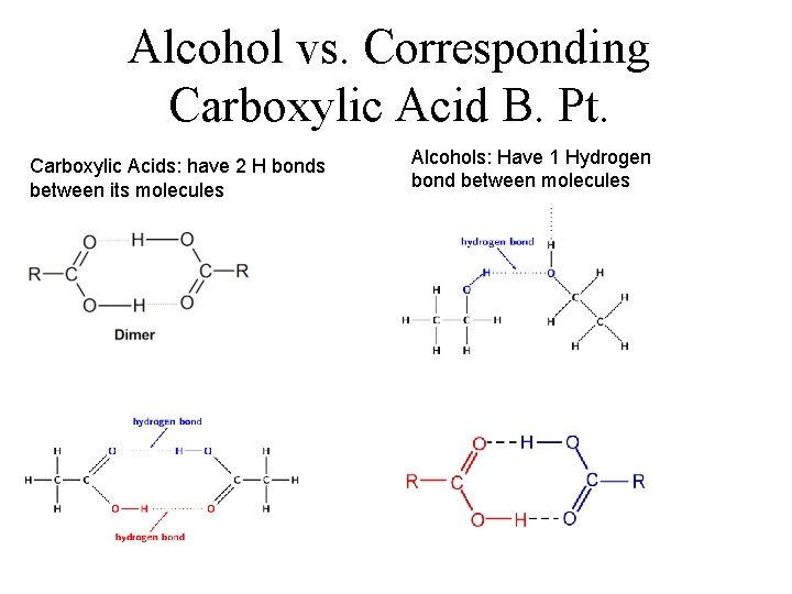 Alcohol vs. Corresponding Carboxylic Acid B. Pt. Carboxylic Acids: have 2 H bonds between Alcohol vs. Corresponding Carboxylic Acid B. Pt. Carboxylic Acids: have 2 H bonds between