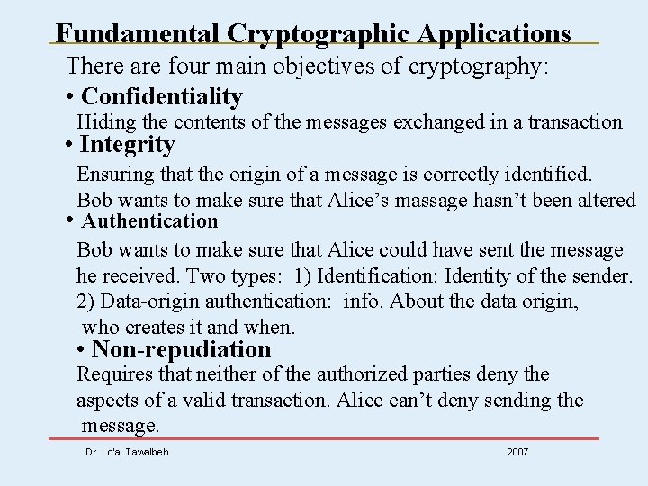 Fundamental Cryptographic Applications There are four main objectives of cryptography: • Confidentiality Hiding the