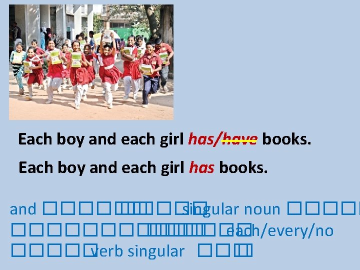Each boy and each girl has/have books. Each boy and each girl has books. Each boy and each girl has/have books. Each boy and each girl has books.