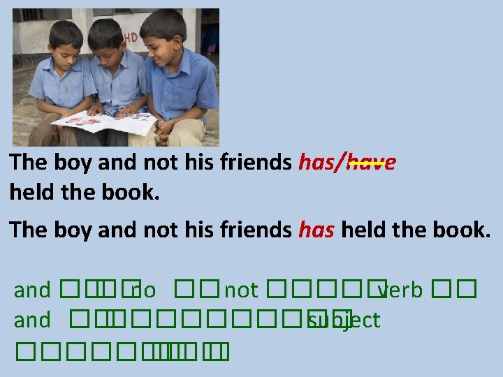 The boy and not his friends has/have held the book. The boy and not