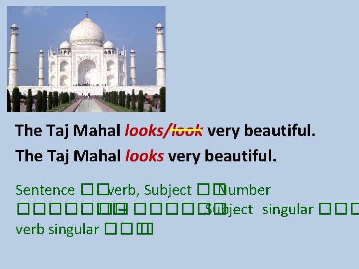 The Taj Mahal looks/look very beautiful. The Taj Mahal looks very beautiful. Sentence ��verb,