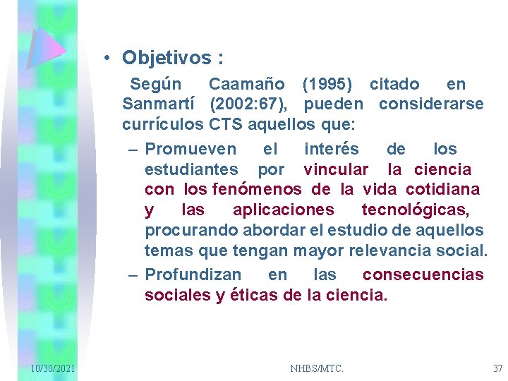  • Objetivos : Según Caamaño (1995) citado en Sanmartí (2002: 67), pueden considerarse