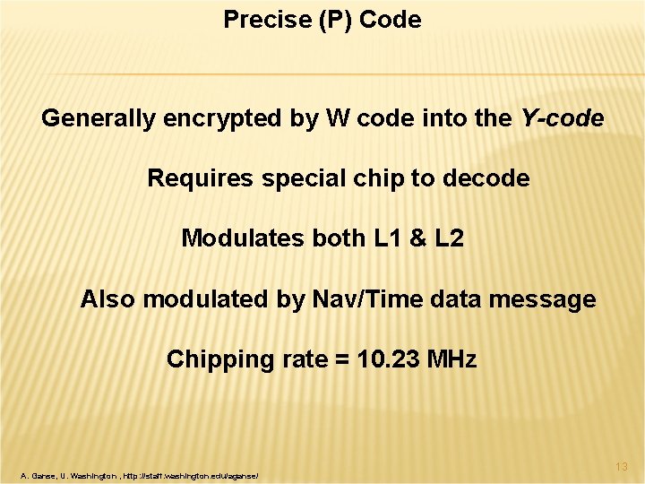 Precise (P) Code Generally encrypted by W code into the Y-code Requires special chip