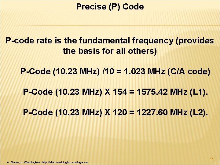 Precise (P) Code P-code rate is the fundamental frequency (provides the basis for all