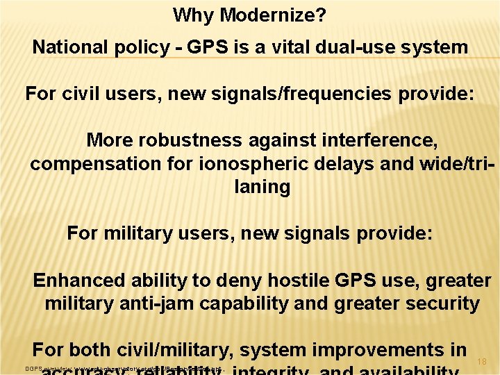 Why Modernize? National policy - GPS is a vital dual-use system For civil users,