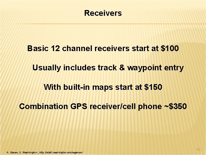 Receivers Basic 12 channel receivers start at $100 Usually includes track & waypoint entry