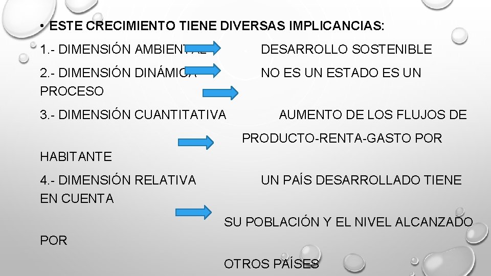  • ESTE CRECIMIENTO TIENE DIVERSAS IMPLICANCIAS: 1. - DIMENSIÓN AMBIENTAL DESARROLLO SOSTENIBLE 2.