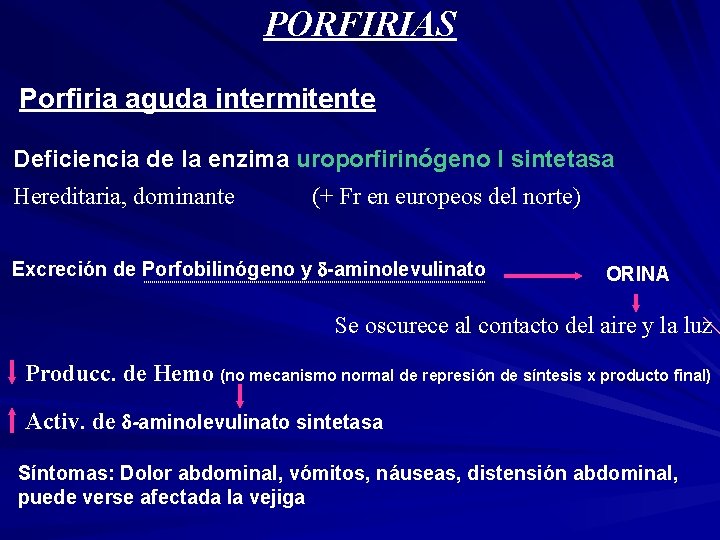 PORFIRIAS Porfiria aguda intermitente Deficiencia de la enzima uroporfirinógeno I sintetasa Hereditaria, dominante (+