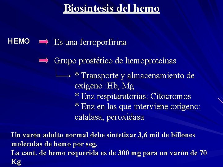 Biosíntesis del hemo HEMO Es una ferroporfirina Grupo prostético de hemoproteínas * Transporte y