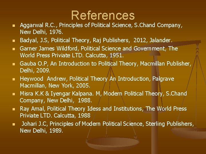References n n n n Aggarwal R. C. , Principles of Political Science, S.