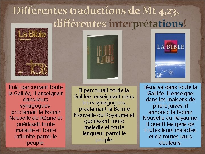 Différentes traductions de Mt 4, 23, différentes interprétations! Puis, parcourant toute la Galilée, il