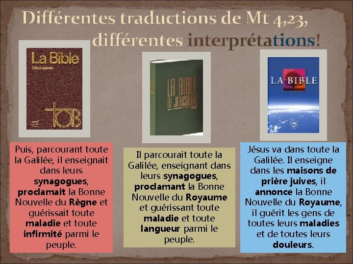 Différentes traductions de Mt 4, 23, différentes interprétations! Puis, parcourant toute la Galilée, il