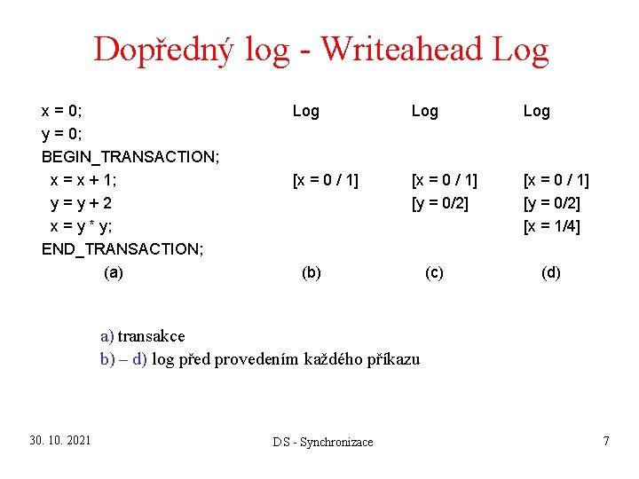 Dopředný log - Writeahead Log x = 0; y = 0; BEGIN_TRANSACTION; x =