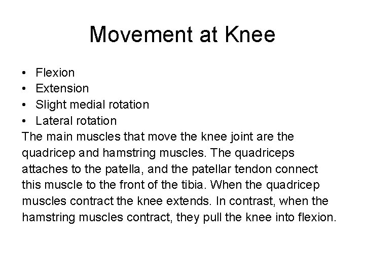 Movement at Knee • Flexion • Extension • Slight medial rotation • Lateral rotation