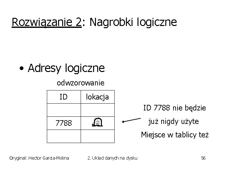 Rozwiązanie 2: Nagrobki logiczne • Adresy logiczne odwzorowanie ID lokacja ID 7788 nie będzie