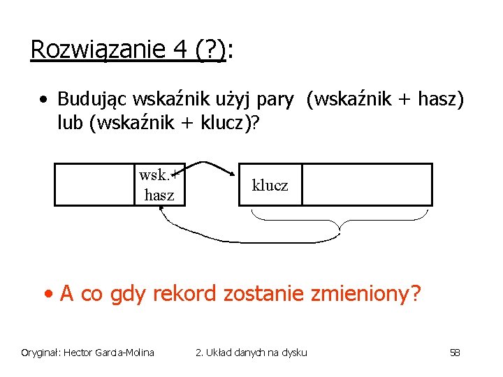 Rozwiązanie 4 (? ): • Budując wskaźnik użyj pary (wskaźnik + hasz) lub (wskaźnik