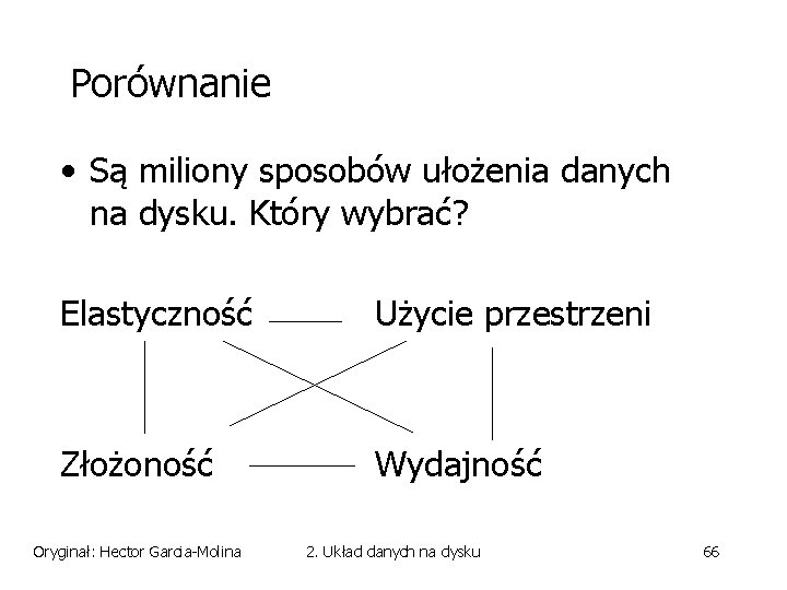 Porównanie • Są miliony sposobów ułożenia danych na dysku. Który wybrać? Elastyczność Użycie przestrzeni