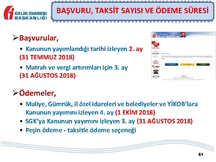 BAŞVURU, TAKSİT SAYISI VE ÖDEME SÜRESİ ØBaşvurular, • Kanunun yayımlandığı tarihi izleyen 2. ay