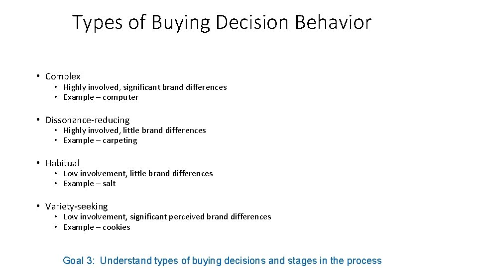 Types of Buying Decision Behavior • Complex • Highly involved, significant brand differences •