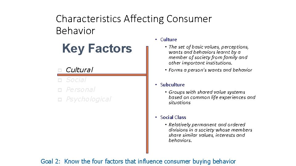 Characteristics Affecting Consumer Behavior Key Factors p p Cultural Social Personal Psychological • Culture