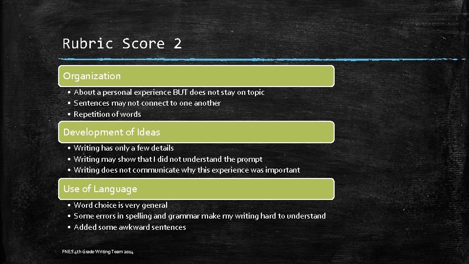 Rubric Score 2 Organization • About a personal experience BUT does not stay on