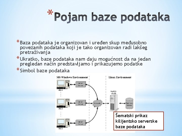 * * Baza podataka je organizovan i uređen skup međusobno povezanih podataka koji je