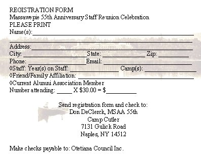 REGISTRATION FORM Massawepie 55 th Anniversary Staff Reunion Celebration PLEASE PRINT Name(s): ____________________________________________________________ Address: