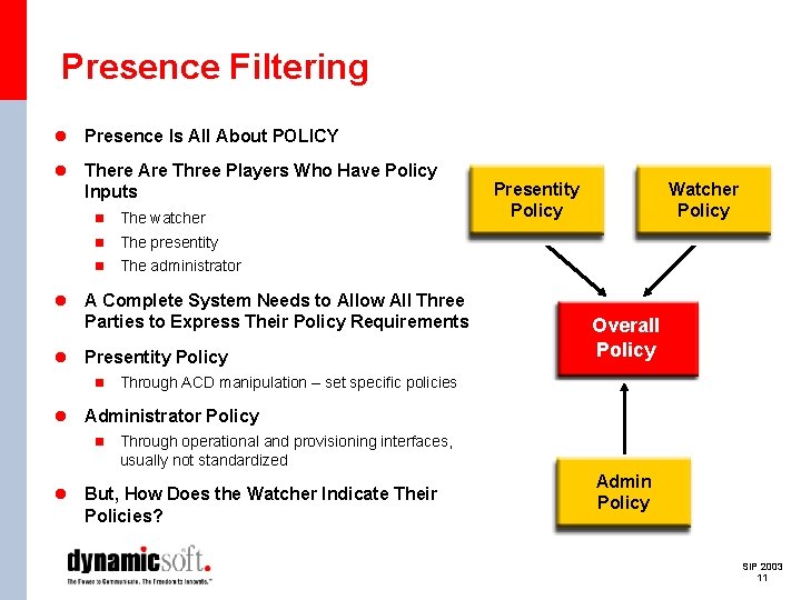 Presence Filtering l Presence Is All About POLICY l There Are Three Players Who