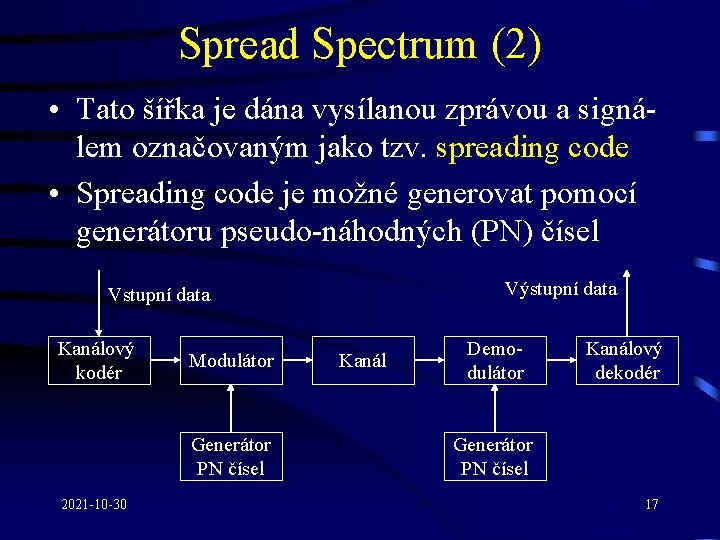 Spread Spectrum (2) • Tato šířka je dána vysílanou zprávou a signálem označovaným jako