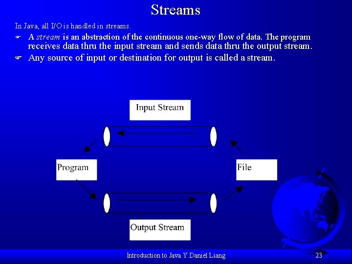 Streams In Java, all I/O is handled in streams. F F A stream is