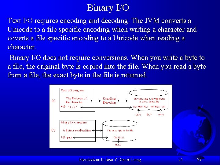 Binary I/O Text I/O requires encoding and decoding. The JVM converts a Unicode to